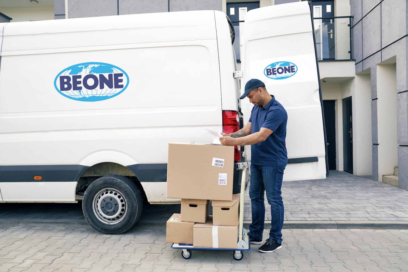 Beone Logistics branded delivery van and shipment operator