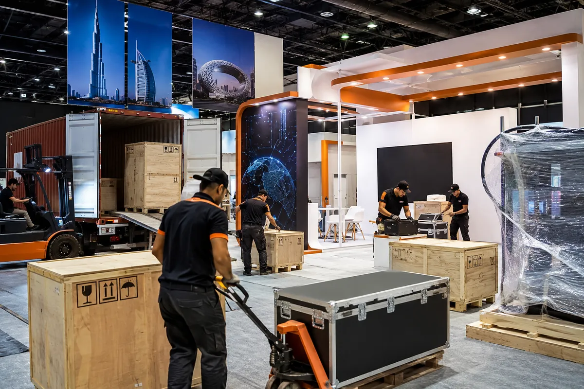 Exhibition shipping in Dubai — workers unloading stands and equipment at a trade show venue