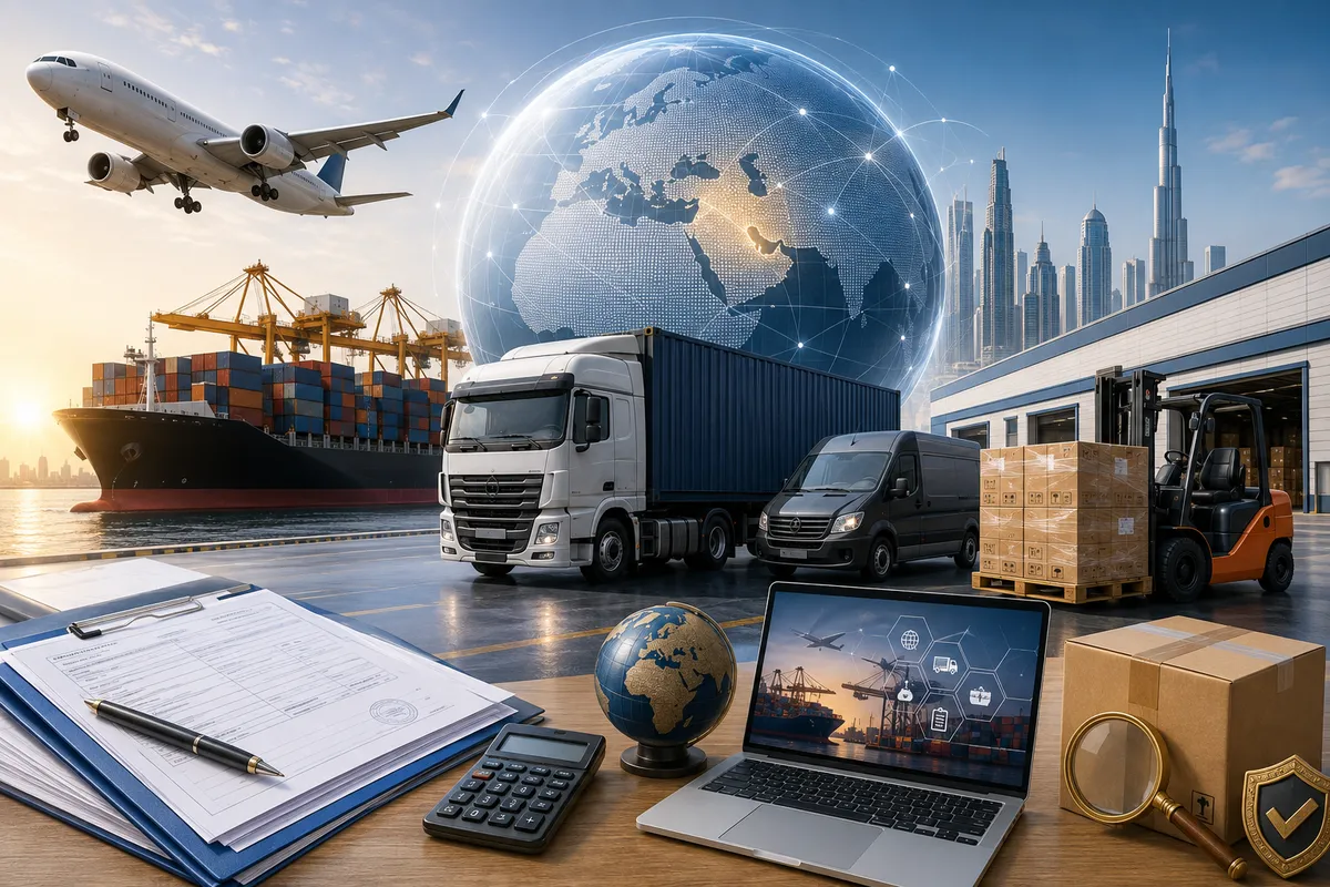 Shipping documents and a parcel prepared for export from Dubai